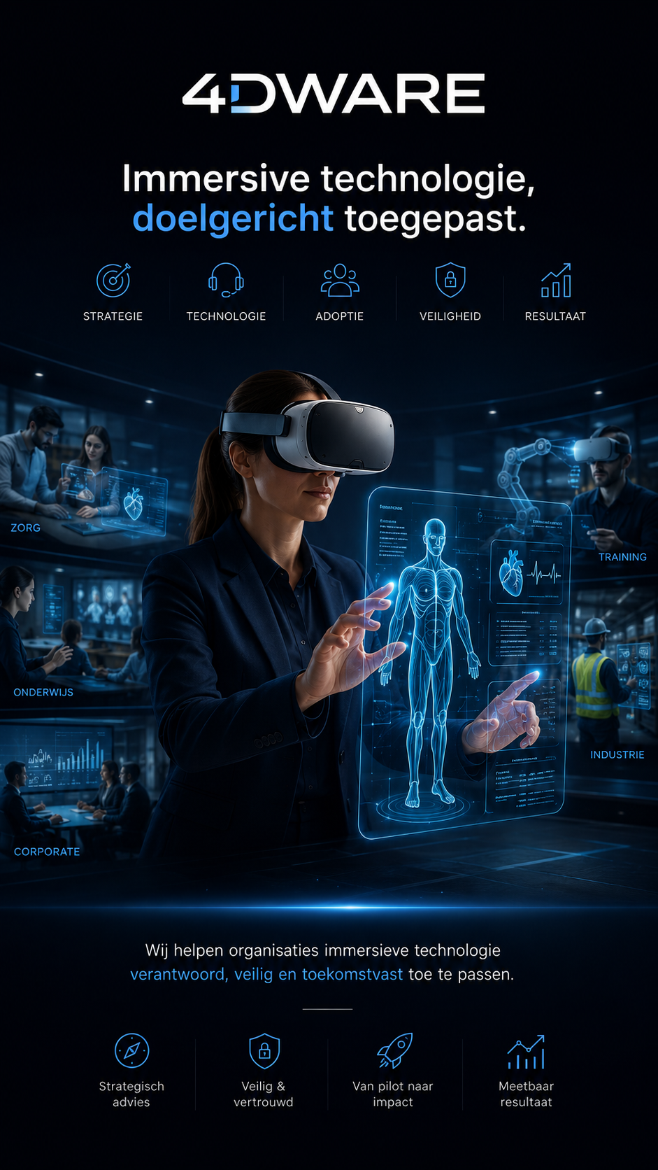 Deelnemer met VR-headset werkt met holografische anatomie tijdens VR-training